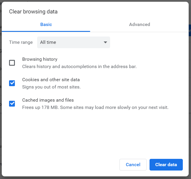 Окно очистки данных браузера при ошибке M7353-5101