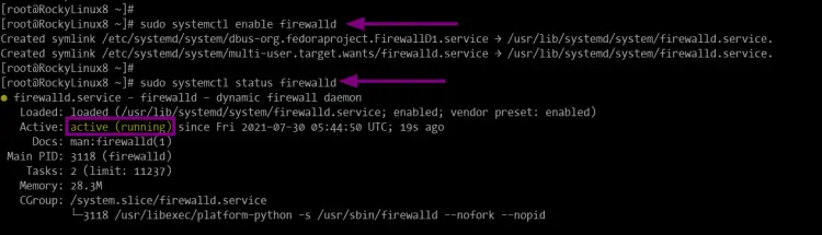 Статус сервиса firewalld активен и запущен