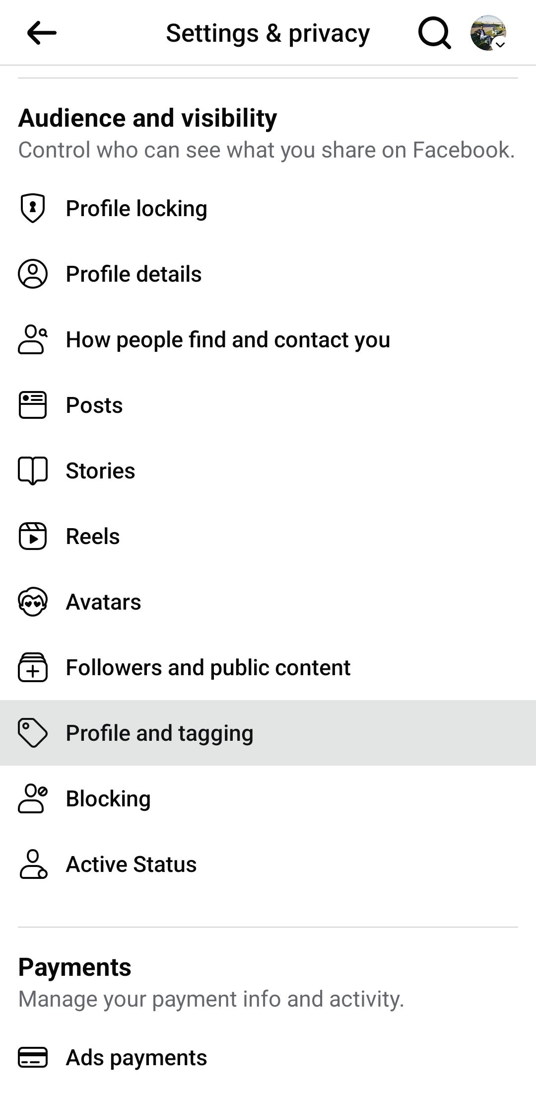 Опция «Профиль и отметки» в настройках Facebook