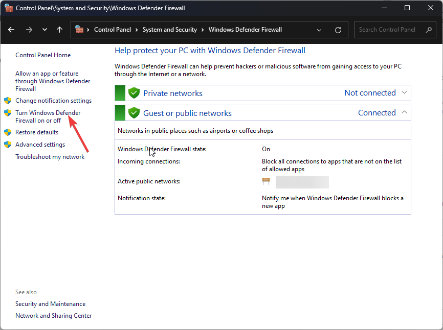 Включить или выключить брандмауэр