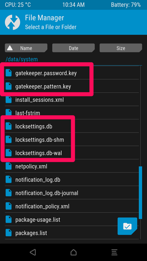 TWRP: удаление файлов ключей и locksettings в файловом менеджере
