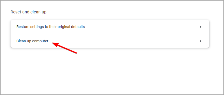Опция Clean up computer для поиска вредоносного ПО в Chrome