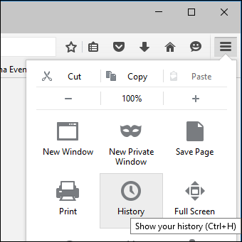 Меню «Журнал» в Firefox со списком недавно открытых сайтов и закрытых вкладок