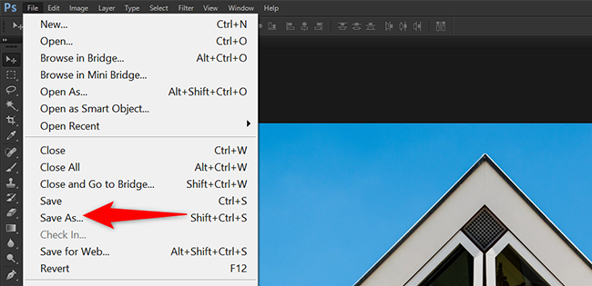 Выберите Файл > Сохранить как в меню Photoshop.