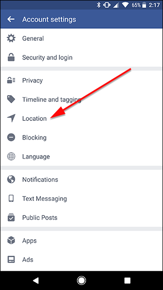 Пункт меню «Местоположение» в настройках Facebook