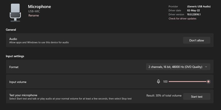 Экран тестирования микрофона Windows 11
