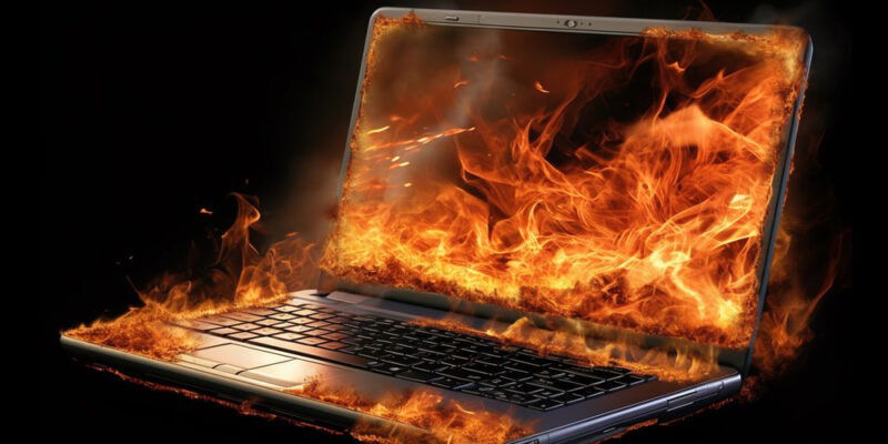 Laptop überhitzt mit symbolischer Flammendarstellung