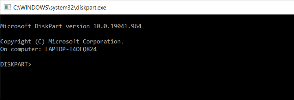 The diskpart utility window