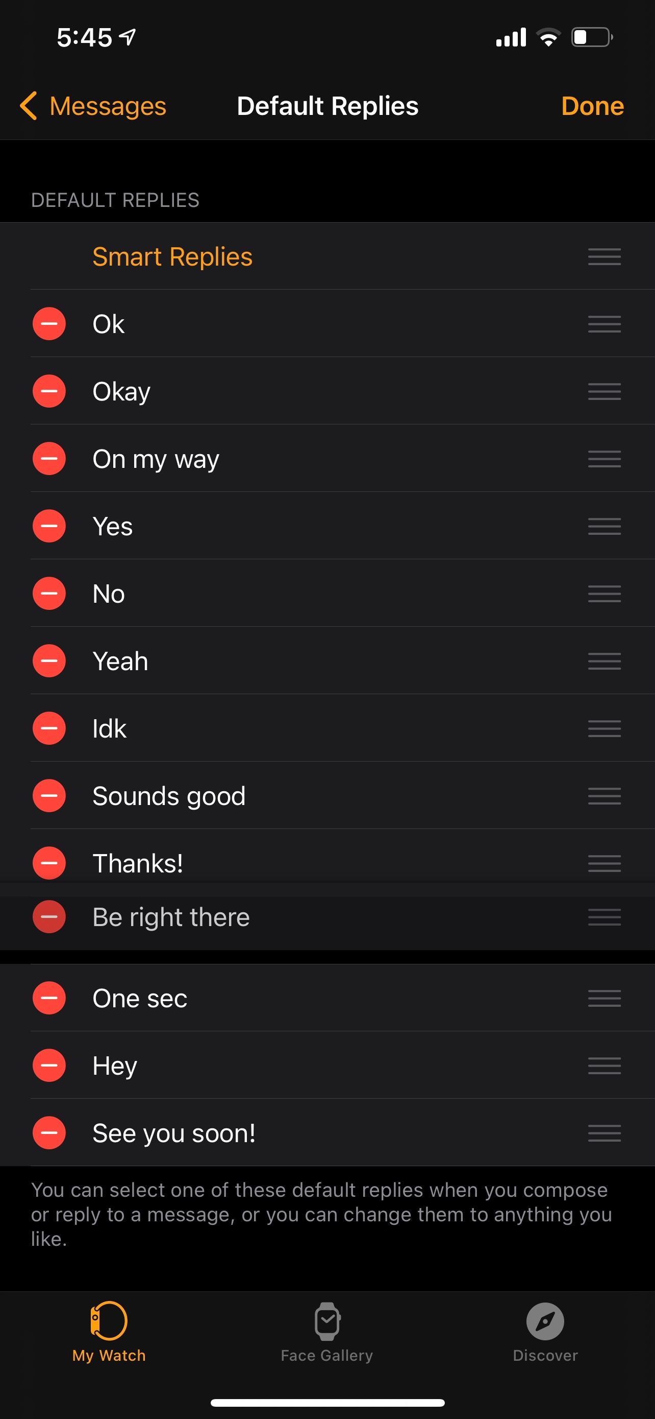 Apple Watch app reorder default replies