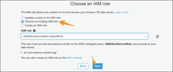 Выбор IAM-роли для краулера.