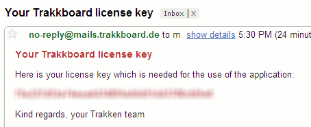 受信したTrakkboardライセンスキーが記載されたメールのスクリーンショット