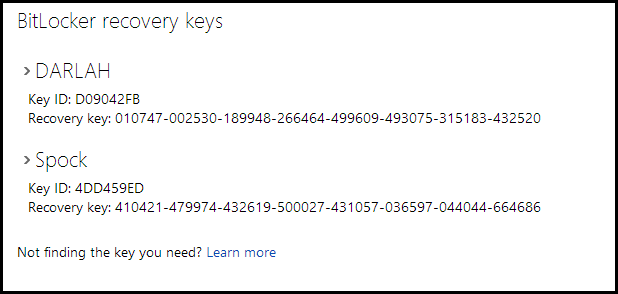 Раскрытие устройства со списком ключей восстановления в учётной записи Microsoft
