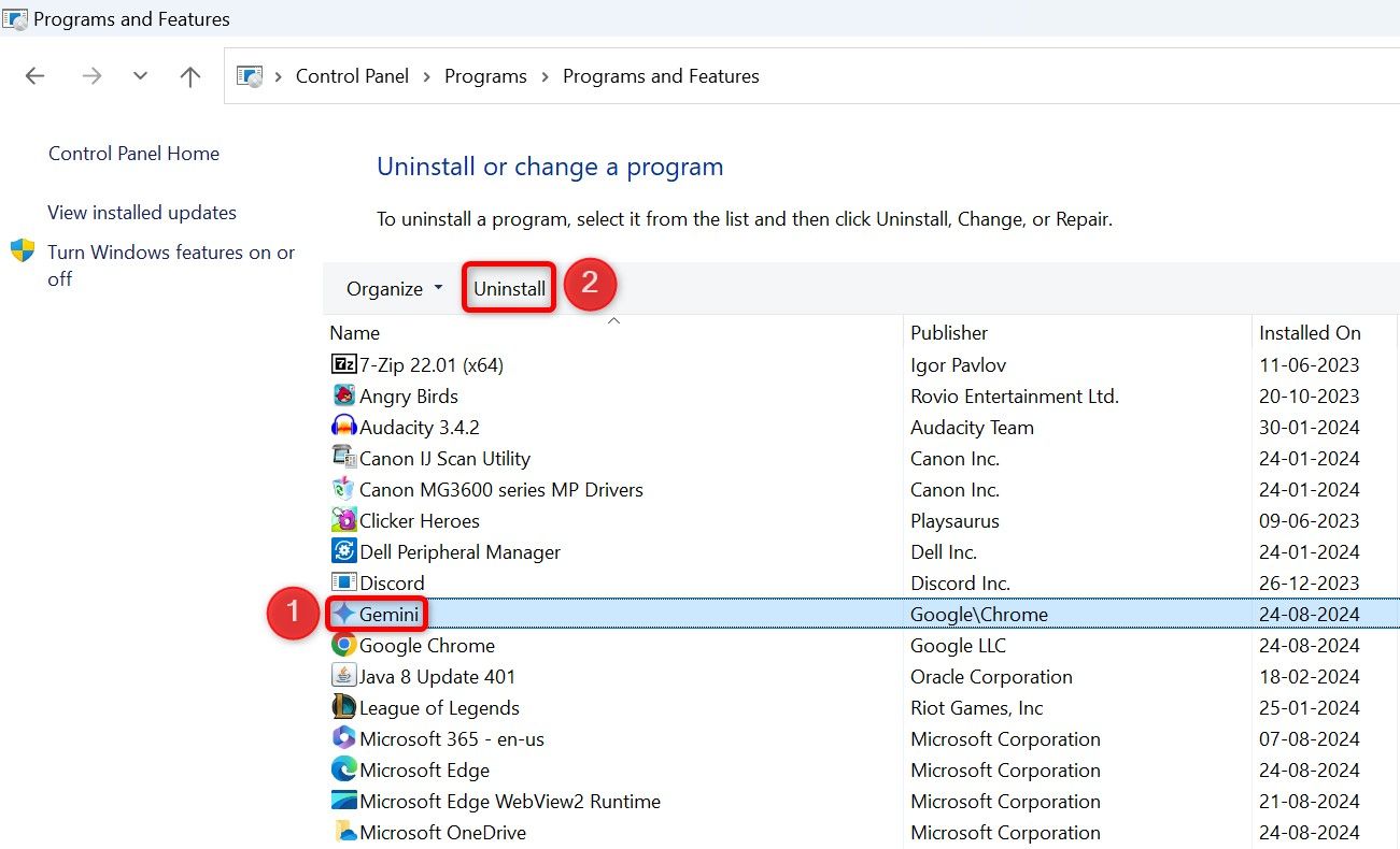 Gemini и кнопка 'Uninstall' выделены в Панели управления.