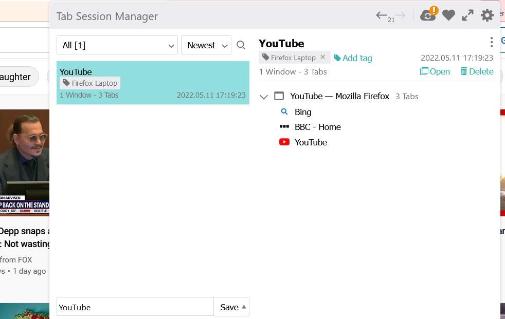 Кнопка Сохранить в Tab Session Manager