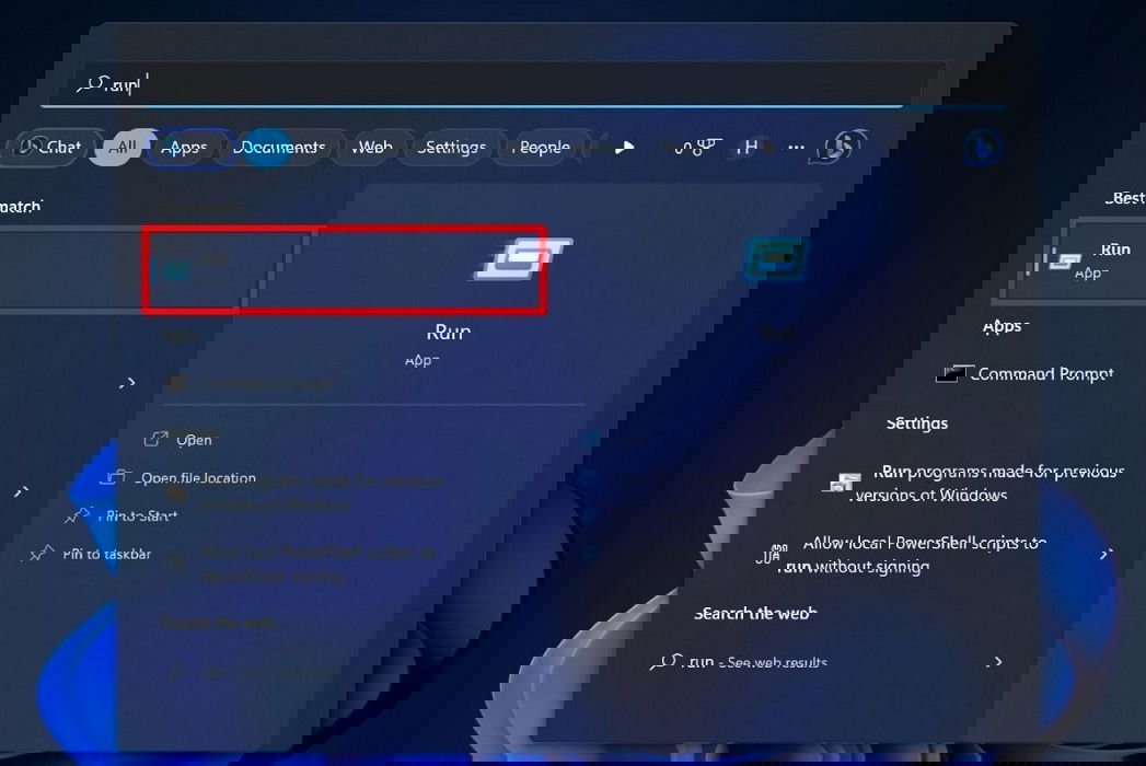 Escribiendo Ejecutar en Búsqueda de Windows