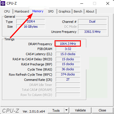 Окно CPU-Z с вкладкой Memory и параметром DRAM Frequency