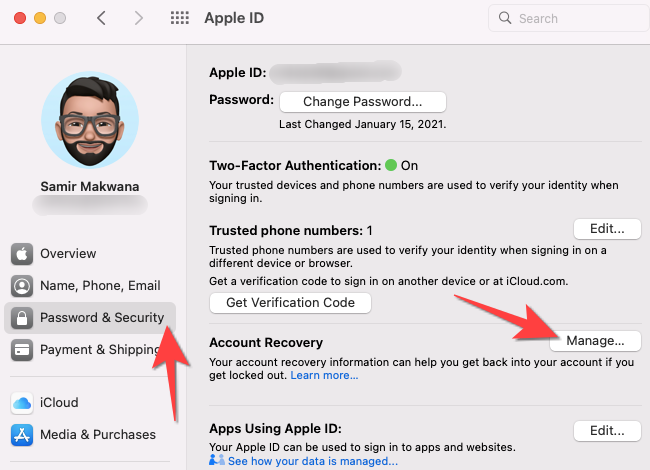 Опция «Пароль и безопасность» и кнопка «Управлять» рядом с восстановлением учётной записи