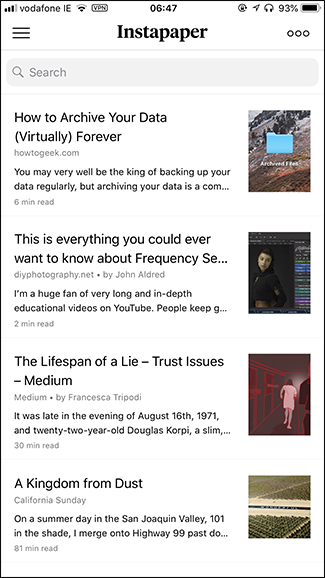 Сохранённые статьи в Instapaper на iPhone
