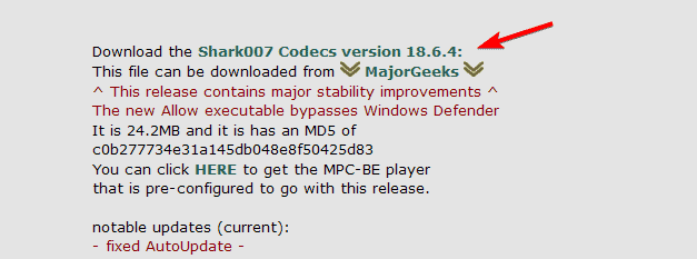 Ссылка для загрузки кодеков на странице Shark007