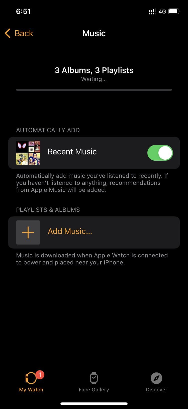 Экран Добавить музыку и Недавняя музыка в приложении Watch на iPhone