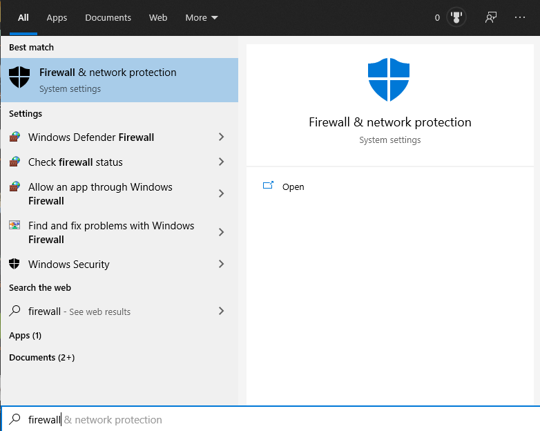 Доступ к параметрам брандмауэра