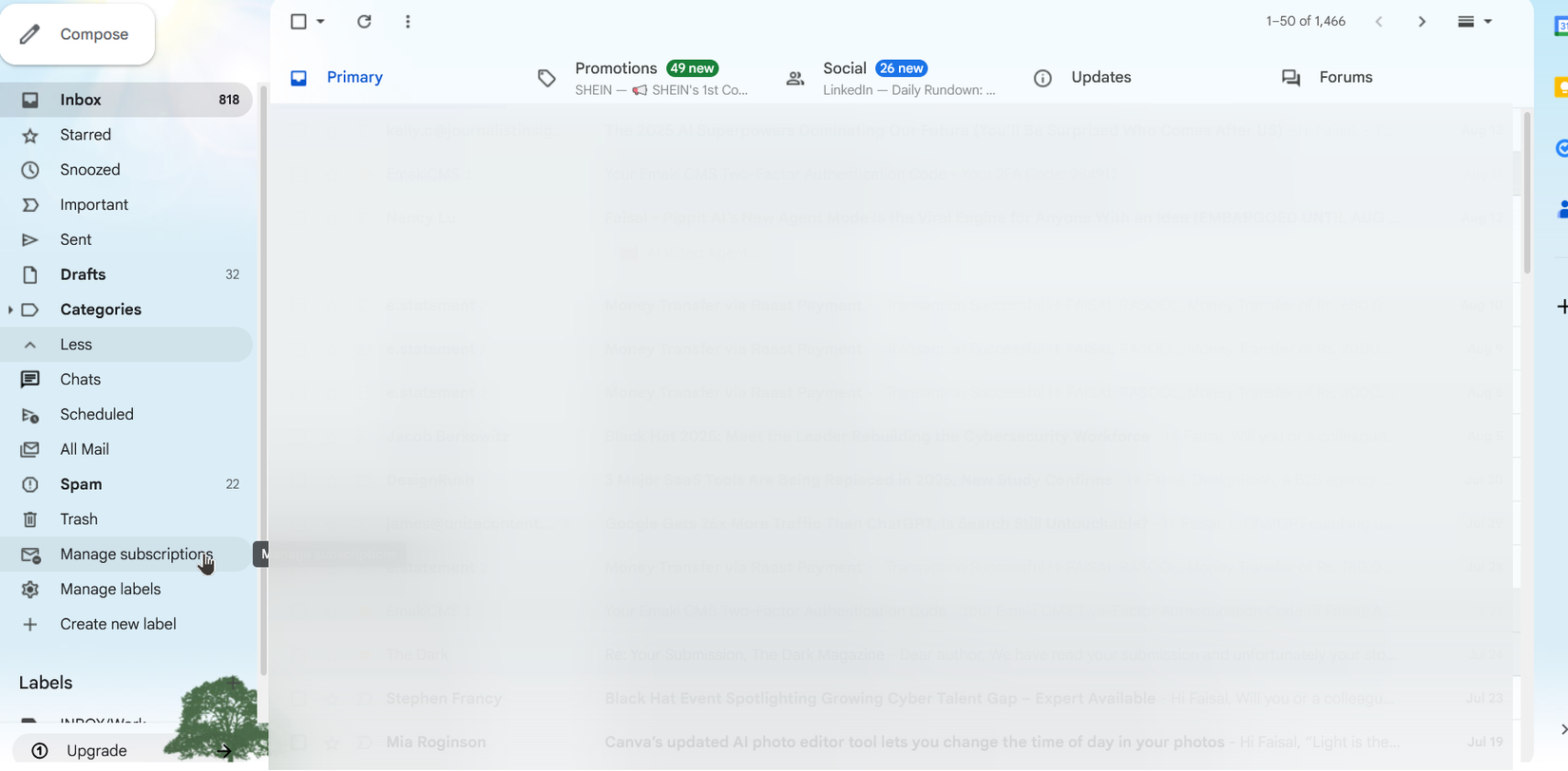 Открытие новой функции подписок в Gmail на десктопе.