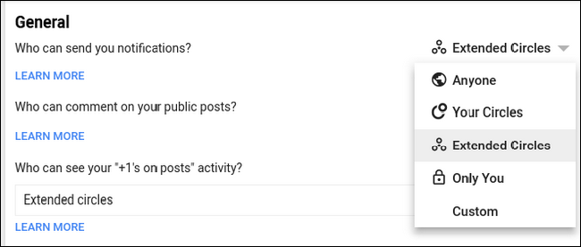 Секция настроек уведомлений Google+ — параметры отправки уведомлений