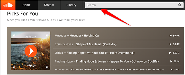 Нажмите на поле «Search» на сайте SoundCloud.
