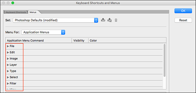 Select a Photoshop menu