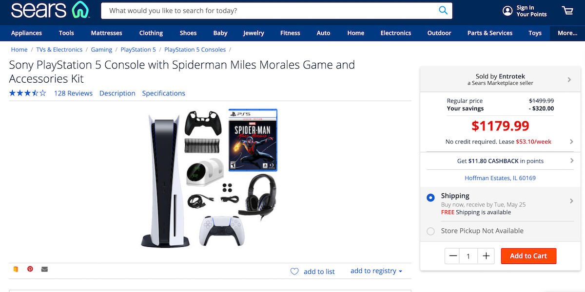 A PS5 bundle listing on the Sears Marketplace