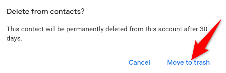 Снимок диалогового окна Google Contacts: кнопка «Переместить в корзину».