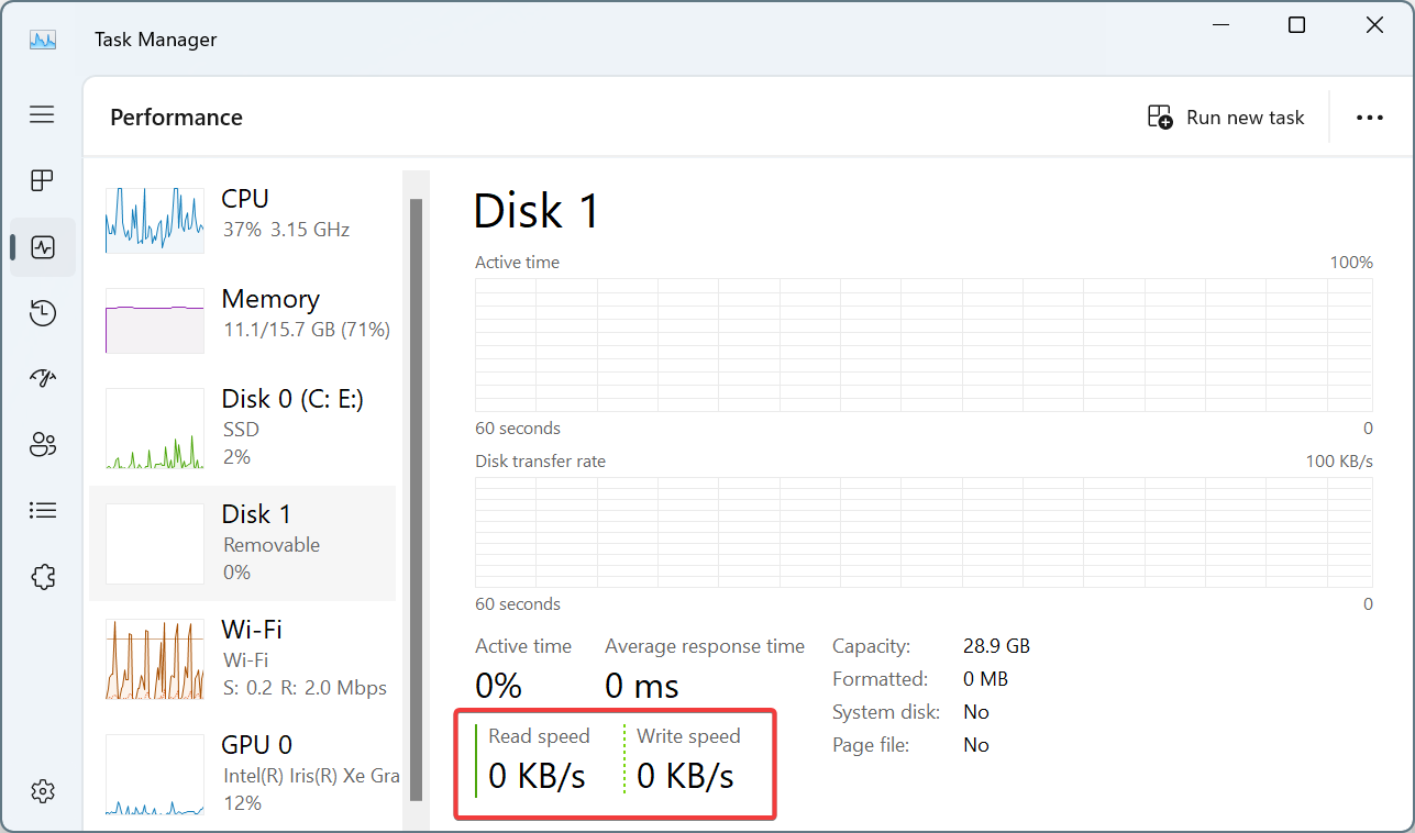 Данные скорости чтения/записи SD‑карты в Диспетчере задач