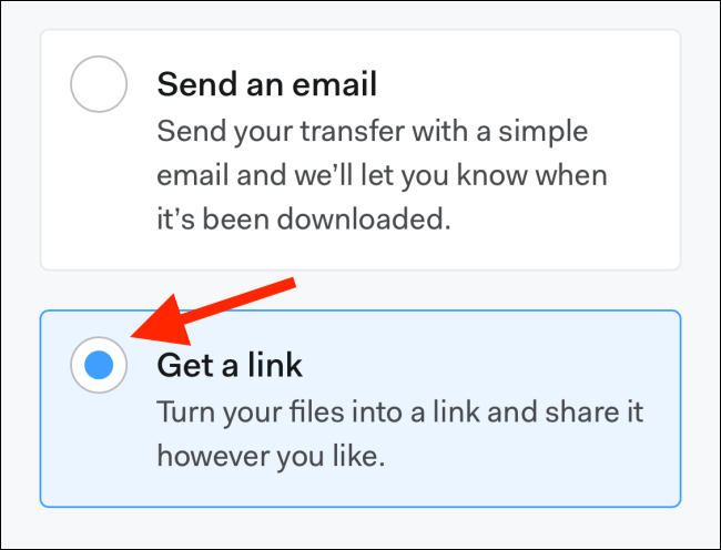Опция Получить ссылку на WeTransfer перед загрузкой