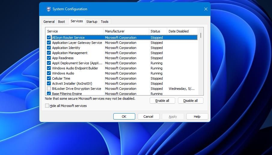 Опция Скрыть все службы Microsoft и кнопка Отключить все
