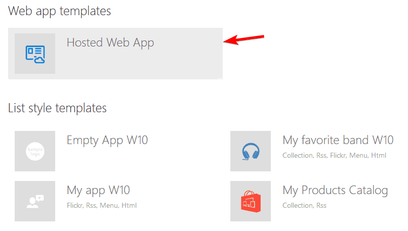 Выбор Hosted Web App в App Studio