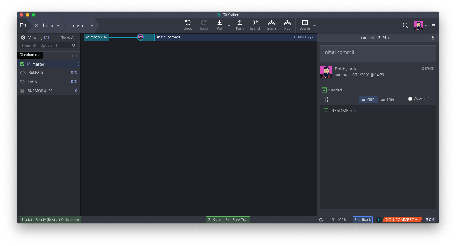 Скриншот GitKraken: активная ветка подсвечена в списке