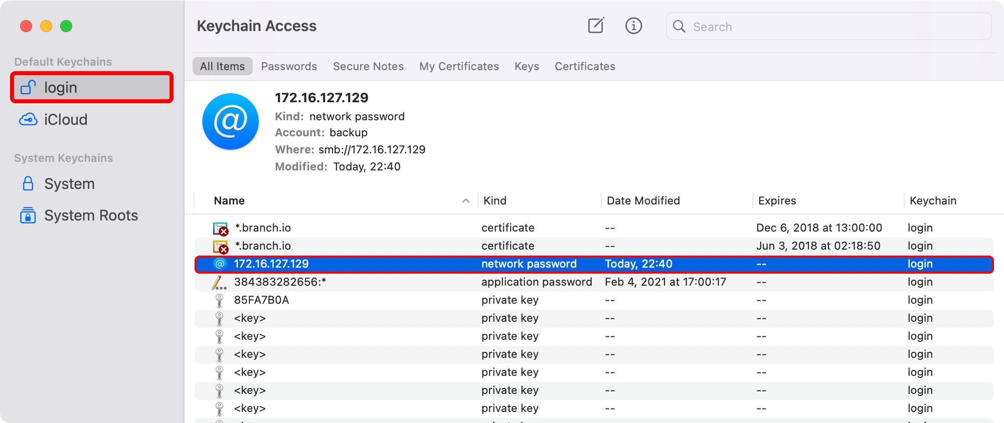 Связка ключей macOS с выбранной записью сохранённого пароля для сетевого ресурса.