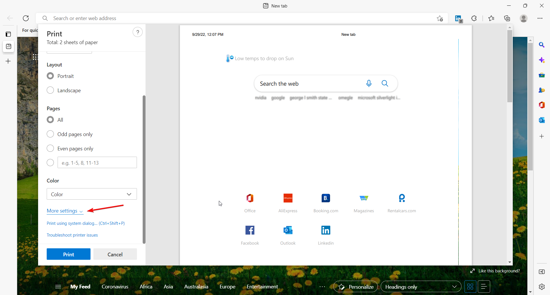 Дополнительные параметры печати в Edge