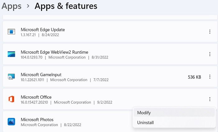 Страница редактирования приложения Microsoft Office в Параметрах
