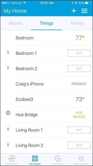 Список подключённых устройств в SmartThings с Ecobee3
