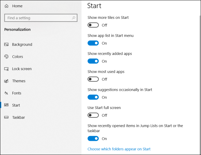 Параметры меню Пуск