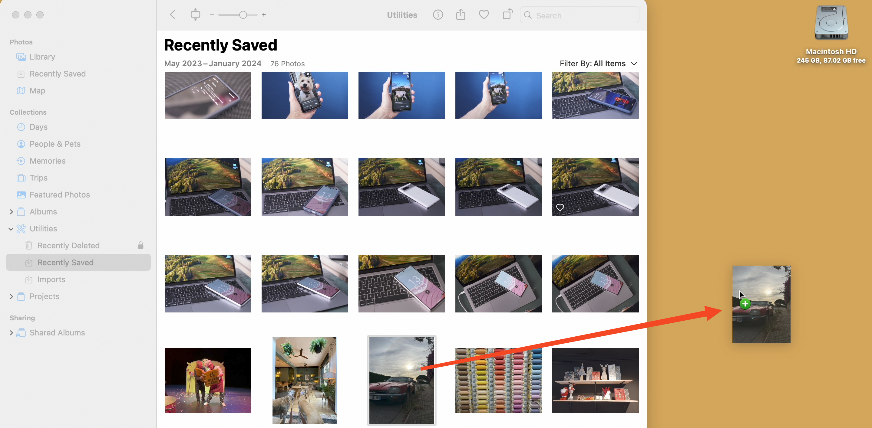 Перетаскивание изображения из приложения «Фото» на Рабочий стол для автоматической конвертации в JPEG.