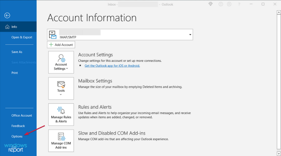 Файл — Параметры в Outlook