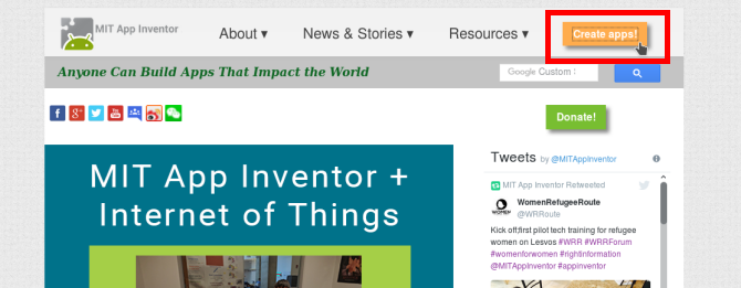 Стартовый экран App Inventor с кнопкой Создать приложение