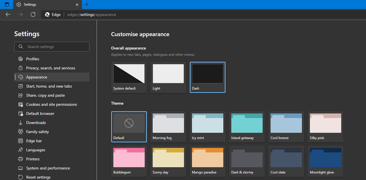 Edge: настройка внешнего вида, тёмная тема