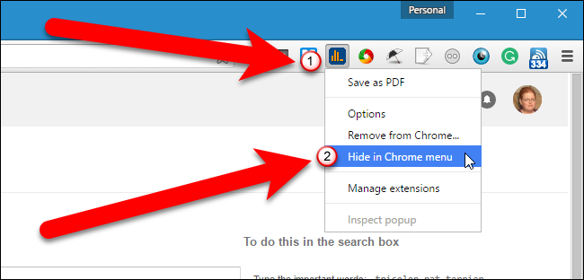 Выбор пункта «Hide in Chrome menu» в контекстном меню иконки расширения