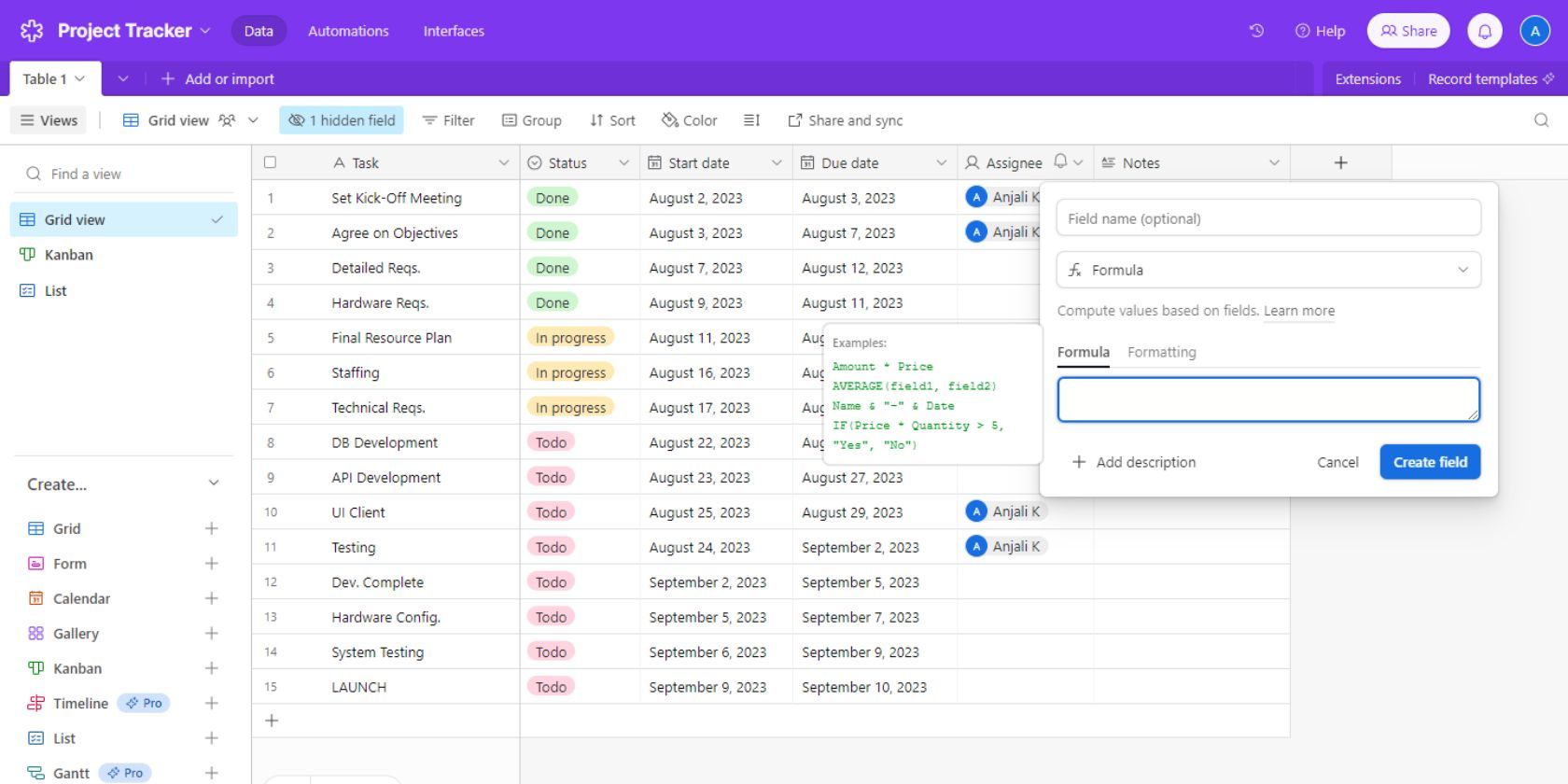 Скриншот Airtable, показывающий настройку поля формулы