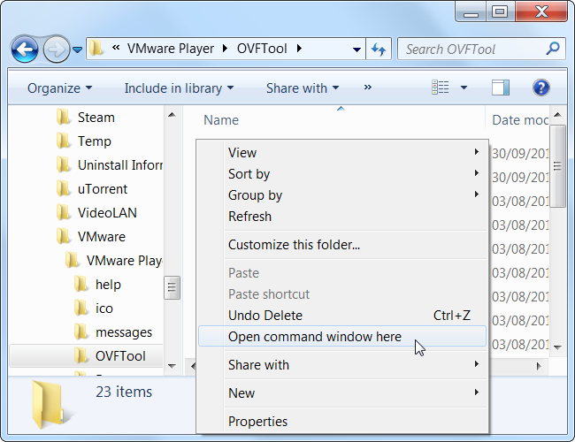 Снимок: Открытие командной строки в папке OVFTool