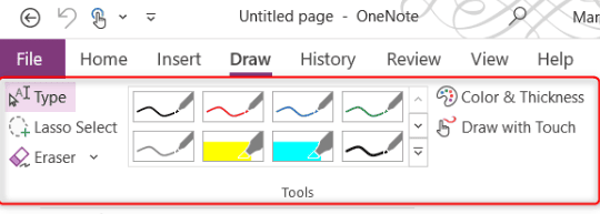 Перо Surface в OneNote: меню Рисование