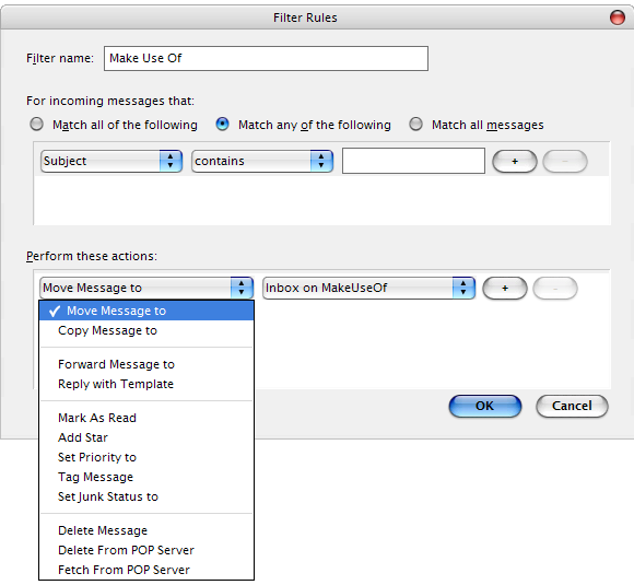 Пример интерфейса сортировки входящей почты и списка правил